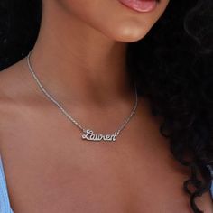 The Solid Gold Script Font Necklace is an elegant, shining custom-made necklace. With each letter fully iced, this piece is sure to complement any fit. This product is guaranteed for life – GLD will repair or replace the item should you experience any defects in craftsmanship or breakage. Discount codes NOT valid on Custom orders. There are NO returns/cancellations on custom necklaces once in production. Please allow up to 6-12 weeks for production time on ALL custom items. Your personalized pen Personalized Pen, Custom Necklaces, Solid Gold Chains, Personalized Pendant, Diamond Chain, Vermeil Jewelry, Custom Earrings, 12 Weeks, Script Font