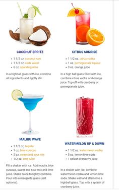 the different types of cocktails are shown in this info sheet for each type of drink