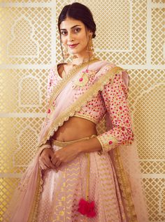 Editor's Note This set features a gota and thread embroidered pink chanderi embroidered lehenga with blouse and dupatta. Color: Light Pink Fabric: Silk And Chenderi Brocade Embroidery Details: Gota And Thread Care: Dry Clean Only Customize Your Outfit Can't find the size you're looking for? No stress. Just select the size "Custom" while adding the item to your cart. We will follow up with you for your body measurements. To request a color or design customizations, please contact our customer car Plain Lehenga, Brocade Embroidery, Chanderi Lehenga, Lehenga With Blouse, Brocade Lehenga, Light Pink Fabric, Blouse Yoke, Scallop Border, Embroidered Lehenga