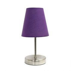 a purple lamp with a silver base on a white background