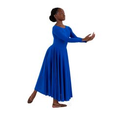 A simple classic look for your liturgical dance group. This Eurotard 13524C Polyester Dance Dress is floor length, but can be cut to any length without hemming (fabric won't run/fray). This pull-over dress has a modest round neckline and lined bodice. A classic, polyester praise dress with a modest scoop neck, long sleeves, and front lined bodice. The 'V' shaped waist fits and flatters a wide range of body types, making this style a popular concert dress for choir groups and liturgical uniform f Stretch Dance Dresses, Fitted Dancewear Dress For Dance Class, Stretch Dancewear Dress For Dance Class, Full Length Stretch Solid Color Dress, Solid Full Length Stretch Dress, Fitted Ballet Dress For Dance, Fitted Floor-length Dress For Dance, Praise Dress, Worship Dress