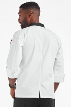 This chef coat keeps it simple with light fabric and easy double-breasted styling. Stand collar. ¾ sleeves with turnback cuffs. A center back vent for ease. You don’t fade when the heat is on – and neither will Chef Lightweight. Crisp blended fabric won’t weigh you down, stays cool and vibrant wash after wash • Classic fit • Stand collar • Double breasted • Button closure • Total of 2 pockets • 1 single-welt chest pocket • 1 thermometer pocket on left sleeve • ¾ sleeves with turnback cuffs • 2-p Professional Long Sleeve Outerwear With Welt Pockets, Professional Long Sleeve Solid Outerwear, Professional Solid Long Sleeve Outerwear, Professional Long Sleeve Outerwear With Double Button Closure, White 3/4 Sleeve Outerwear For Winter, Professional White Long Sleeve Outerwear, White Professional Long Sleeve Outerwear, Chef Coats, Chef Uniforms