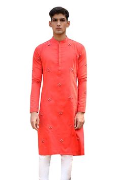 Red kurta with resham, cutdana, zardozi, pearl embroidery in hibiscus pattern. Paired with churidar. - Aza Fashions Red Straight Kurta For Traditional Ceremonies, Red Kurta For Traditional Ceremonies, Red Kurta For Traditional Ceremonies And Transitional Season, Red Semi-stitched Sherwani With Dabka Work, Semi-stitched Red Sherwani With Dabka Work, Red Kurta For Transitional Traditional Ceremonies, Red Traditional Wear For Ceremonies With Straight Kurta, Red Straight Kurta With Dori Work, Red Straight Kurta For Designer Wear