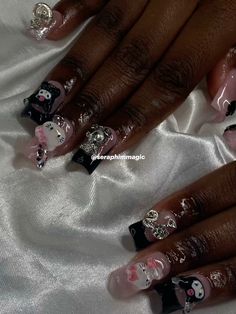 “Y2k” nails, acrylic nails, hello kitty nails, kuromi nails, birthday nails, short nails, Seraphim Magic nails, goals, vision board, nail inspo, nail art, french tip nails || Seraphim Magic #nails #nailart #nailsofinstagram #naildesign #nailstagram #nailtech #nailsoftheday #nailartist #nailartaddict #nailartdesigns #nailartideas #nailartdesign #hellokittycollection #hellokittyaddict #hellokittystuff #art #artistsoninstagram #pinterest #pinitforlater #pinterestinspired #pinterestideas #pinterestgirl #blacknails #kuromi #kawaii #kawaiiart #aesthetic #cutenails #inspiration #instagram #prettynails Hello Kitty Vivienne Westwood Nails, Kuromi Nails Acrylic Short, Emo Hello Kitty Nails, Hello Kitty And Kuromi Nails, Kuromi Acrylic Nails, Y2k Hello Kitty Nails, Kuromi Nails Acrylic, Black Hello Kitty Nails, Acrylic Nails Hello Kitty