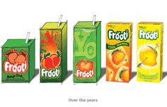 four different flavors of frooti juice are shown in three boxes, one is green and the other is orange