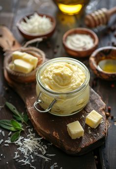 a jar filled with butter sitting on top of a wooden cutting board next to other ingredients