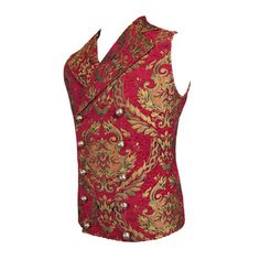 A flamboyant vest that will not only make you stand out but look amazing too!Gilded with gold coloured metallic thread with a crimson base, the pattern is inspired by Persian art.The buttons embossed with devil fashion logo can’t be undone but a concealed button on the v cut neck can be. Product Specifications:Style: GothicFabric: 100% Polyester Traditional Red Vest For Festival, Red Fitted Nehru Jacket For Festivals, Fitted Red Nehru Jacket For Festivals, Fitted Gold Brocade Tops, Brocade Vest, Gold Vest, Red Waistcoat, Gothic Pattern, Persian Art