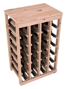 a wooden wine rack filled with lots of bottles