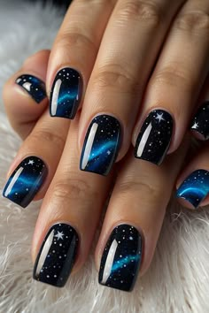 8 Beautiful Starry Night Nail Ideas for Summer - Wahyu Guritno's Blog Night Sky Nails, Nail Ideas For Summer, Night Nails, Sapphire Nails, Star Nail Designs, Fingernail Art, Cat Eye Nails Polish, Nail Art Designs Images, August Nails