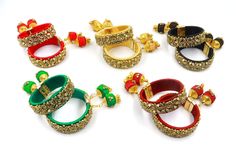 * Handmade kundan stone thread bangles with hangings for women. These bangles are made with   thread and stones inspired with indian traditional jewelry look. Pair these bangles with any kind of outfit   of your choice. The hangings in the bangles can also be used as earring (see image section for   reference). * You can also wear only one piece out of the pair as bracelet. * AS WEDDING FAVOURS GIFTS   Gift these bangles to your female guests as Haldi favour gifts, mehendi favour gifts or sangeet favour    gifts in you wedding functions. * These bangles are also adjustable and very flexible. They are made with high quality materials and are     very durable. * These bangles are available in various colors and in bulk quantity.  * Customized orders are also accepted. * We assure you that pr Party Bangle With Gota Work, Adjustable Kundan Bangle For Gifts, Traditional Party Bangle With Zari Work, Traditional Bangle With Zari Work For Parties, Festival Bangle Bracelets With Dori Work, Festival Bangle With Dori Work, Festival Dori Work Bangle Bracelets, Adjustable Kundan Bangle For Festive Occasions, Festival Dori Work Bangle Bracelet