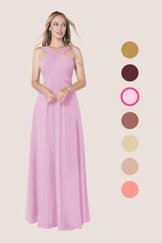 a woman in a long pink dress with different color swatches on the bottom and sides