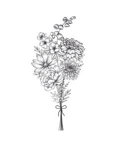 a bouquet of flowers is drawn in black and white