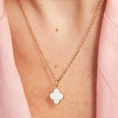 Colorful and pretty, our Personalized Enamel Clover Cross Necklace is a little token of luck to elevate any jewelry collection. This beautiful clover necklace is available in three eye-catching enamel colors. Each cross necklace be made into a lovely personalized gift by hand-engraving a special name onto the reverse of your charm.&nbsp;18K Champagne Gold Plated or 925 Sterling SilverCharm: 0.55x0.55&nbsp;Secure clasp fasteningCharms are removable from this chain and can be worn on all M Yellow Gold Enamel Jewelry With Flower Charm, Yellow Gold Enamel Flower Pendant Jewelry, White Good Luck Charm Necklaces, Elegant White Jewelry For Good Luck, Rose Gold Enamel Jewelry Gift, Rose Gold Enamel Jewelry As A Gift, Rose Gold Enamel Jewelry For Gifts, White Flower Shaped Necklace For Her, White Round Pendant Necklace For Good Luck