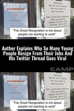 some signs are posted on the side of a building and one is telling people not want to work