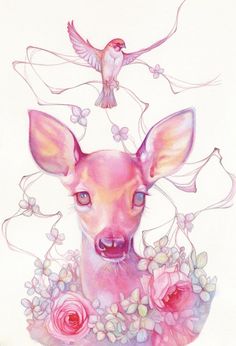 a painting of a deer with flowers and birds on it's head, in front of a white background