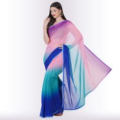 Chiro's By Jigyasa Buy it here ==>> www.chirosbyjigyasa.com/products/shaded-georgette-saree-blue Elevate your ethnic elegance with our Shaded Georgette Saree in mesmerizing Blue hues! 🌈 This exquisite saree boasts a stunning gradient of Blue, Pink, and Green, creating a visual symphony that's perfect for any occasion. The georgette fabric drapes gracefully, ensuring you steal the spotlight effortlessly. 💫 The delicate embroidery adds a touch of sophistication, making it an ideal choice fo... Blue Georgette Pre-draped Saree For Wedding, Blue Georgette Pre-draped Saree With Pallu, Blue Georgette Party Pre-draped Saree, Blue Georgette Pre-draped Party Saree, Festive Blue Pre-draped Georgette Saree, Reception Outfits, Purple Love, Feather Light, Georgette Fabric