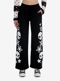 Even baddies need time to relax every now and then! These black  wide leg lounge pants feature fuzzy white patches of skulls and stars down the legs. Comes with an elasticated waistband and side seam pockets.55% cotton; 45% polyesterWash cold; dry lowImportedListed in junior sizesModel is 5'10''Model wears size Small Hot Topic Pants, Emo Pants, Scene Pants, Girls Lounge, Girls Loungewear, 2000s Scene, Star Pants, Patch Pants, Wide Leg Lounge Pants