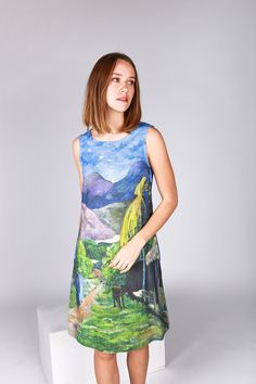 "Linen women dress \"Road in Tahiti\" by Paul Gauguin artwork (print is on the both dress sides). We have two designs: DRESS with short sleeves or sleeveless TUNIC style dress. This dress has two deep pockets. Fabric: Safe Oeko-TEX® standard 100 certified linen fabric (stonewashed). Hand made in Lithuania. Please refer to the measurements tables for size. The table shows the size of the actual linen dress. Linen fabric is not elastic and it is the main reason why it is so important to carefully Summer Green Dresses With Digital Print, Summer Green Dress With Digital Print, Summer Vacation Dresses With Digital Print, Multicolor Digital Print Sleeveless Dress, Multicolor Sleeveless Dress With Digital Print, Blue Digital Print Summer Dress, Blue Summer Dress With Digital Print, Artistic Multicolor Sleeveless Dress, Women Tunic Dress