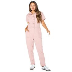 One piece dressing at it's finest! Celebrity Pinks Juniors Short Sleeve Boilersuit in soft stretch twill is the perfect blend of comfort, style and function all in one. This relaxed fit denim boilersuit has an elastic waist for flexible and comfortable fit, while the front button detail and porkchop pockets add a stylish touch. A versatile and trendy piece that could be dressed up or down for various occasions. Size: XL.  Color: Pink.  Gender: female.  Age Group: adult. Plus Size Denim Jumpsuit, Piece Dressing, Chambray Jumpsuit, 50th Clothing, Boiler Suit, Pink Jumpsuit, Celebrity Pink, Yoga Pants Women, Jumpsuit With Sleeves