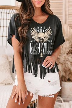 Black Guitar Wings Slogan Graphic Print Fringed T Shirt Nashville Graphic, Fringe Tshirt, Free Spirit Style, Fringe Top, Black Music, Trendy Boho, Music City, Floral Pants, Lounge Set