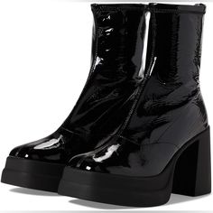 Nwob Women Free People Double Stack Platform Boot In Black Patent Size 38.5 Patent Leather Upper With Rubber Sole Made In Tunisia Back Zipper Closure Chunky Block Heel Double Stacked Platform Sole Square Toe Approx 95mm/ 3.75 Inch Heel Approx 40mm/ 1.5 Inch Platform Approx 165mm/ 6.5 Inch Shaft Black Heels With Reinforced Heel And Round Toe, High Heel Synthetic Platform Boots, Black Synthetic Boots For Spring, Sleek Platform Heeled Boots, Black Platform Boots With Stacked High Heel, Black Chunky Platform Ankle-high Heels, Black High Heel Platform Boots With Stacked Heel, Platform High Ankle Heels, Platform Boots With Lug Sole And Medium Width