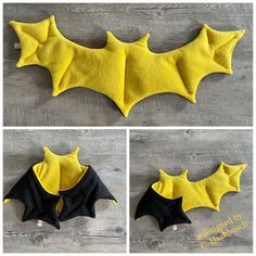 three photos of the bat costume made from felt and fabric, with instructions for how to sew it