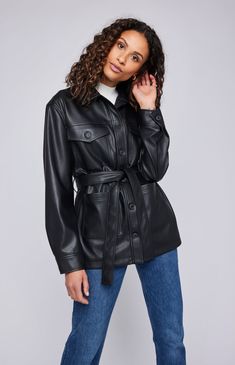 The Grenadine jacket is made of a soft faux leatherette and is fully lined for ease of wear. Features include patch pockets, side slits, and a removable belt for styling versatility.