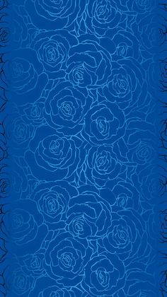 a blue background with white roses on the bottom and black lines in the middle, as well as an ornate border