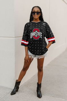 OHIO STATE BUCKEYES KICKOFF TIME ALL-OVER RHINESTONE V-NECK SPORTS STRIPE FASHION JERSEY TOP Ohio State Game Day Outfit, Ohio State Game Day, Stripe Fashion, Buckeyes Football, Gameday Outfit, Ohio State Buckeyes, Jersey Top, Ohio State, Game Day