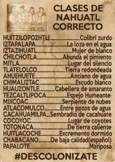 an old poster with the names of different languages in spanish and english, on it