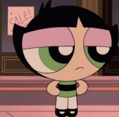 the powerpuff girl is standing in front of a sign that says sale on it