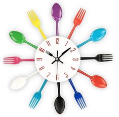 a clock with forks and spoons on the face that is painted multicolored