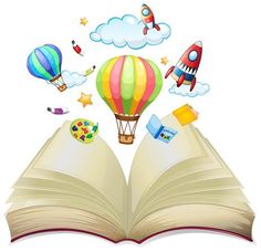 an open book with colorful hot air balloons flying over it and other items floating around