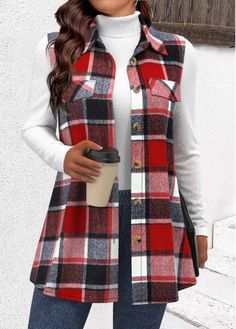 Color:Wine Red;Size:S;Size:M;Size:L;Size:XL;Size:XXL;Package Contents:1 X Waistcoat; Camel Shirt, Elegant Dresses Plus Size, Sleeveless Waistcoat, Plaid Outfits, Cozy Tops, Midi Skirts, Plaid Tops, Outerwear Sweater, Cardigan Tops