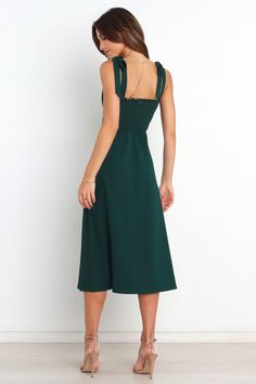 Laurel Dress - Emerald - Petal & Pup USA Midi Dress With Adjustable Straps For Brunch, Midi-length Suspender Dress With Adjustable Straps For Brunch, Knee-length Maxi Dress For Brunch With Tie Back, Elegant Ruched Sundress For Casual Wear, Knee-length Dresses With Tie Straps For Day Out, Knee-length Maxi Dress With Tie Back For Brunch, Elegant Casual Ruched Sundress, Elegant Ruched Sundress, Green Midi Dress With Adjustable Straps