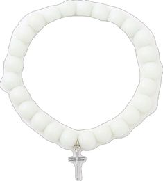 Adjustable White Charm Bracelet With 8mm Beads, Adjustable White Charm Bracelet With Beads, White Hypoallergenic Charm Bracelet With Round Beads, White Beaded Cross Jewelry, White Adjustable Hypoallergenic Rosary Bracelet, Spiritual White Beaded Charm Bracelet, White Cross Bracelet Spiritual Style, White Spiritual Rosary Bracelet With 8mm Beads, White Adjustable Cross-shaped Jewelry