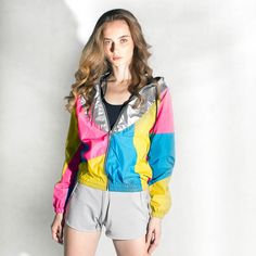 Silver Yellow Pink Blue Windbreaker Hood Jacket Waterproof. - Etsy Clown Outfits, 80s Theme Party Outfits, 80s Costume, Blue Windbreaker, Yellow Clothes, Hood Jacket, Pride Outfit, Etsy Fashion, Concert Outfit