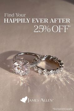 two wedding rings with the words find your happily ever after 25 % off