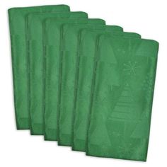 six green kitchen towels with christmas tree on the front and bottom, set of five