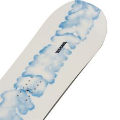 a white snowboard with blue clouds painted on it