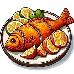 a plate with some fish and lemons on it