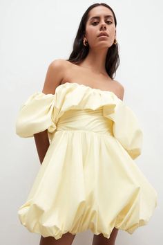 Maiori Off Shoulder Draped Bubble Mini Dress | Lemon | Dresses | Shona Joy – Shona Joy International Voluminous Puff Sleeve Mini Dress For Summer, Summer Off-shoulder Voluminous Dress, Summer Voluminous Off-shoulder Dress, Summer Ruched Puff Sleeve Dress With Bubble Hem, Summer Puff Sleeve Dress With Ruched Bubble Hem, Voluminous Off-shoulder Summer Dresses, Chic Voluminous Mini Dress For Spring, Off-shoulder Mini Dress With Gathered Sleeves For Brunch, Summer Bubble Dress With Voluminous Fit