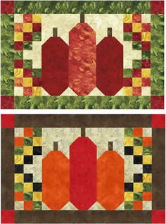 two quilts with different designs on them, one is red and the other is green