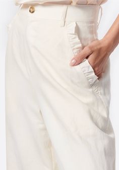 This classic, wide-leg trouser silhouette crafted in linen cotton will be your forever summer staple. The Lorien Pant features ruffle detailing at the front pocket opening and a flat waistband including belt loops and a horn button closure. The most versatile day-to-night trouser as we transition into summer, the Lorien Pant is finished with back welt pockets and a zipper fly construction. The perfect pant does exist. FABRIC & CARE • Linen Cotton; 55% Linen, 45% Cotton• Dry Clean & Steam Only• I Linen Paperbag Waist Pants For Workwear, Summer Linen Paperbag Waist Pants, Summer Linen Pants With Paperbag Waist, Linen Paperbag Waist Pants For Summer, Chic Linen Bottoms With Ruffles, Chic Ruffled Linen Bottoms, Cami Nyc, Perfect Pant, Silk Camisole