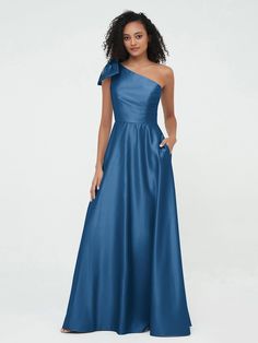 One-Shoulder Long Satin Dresses with Pockets-Ink Blue Long Satin Dresses, Bridesmaid Dresses One Shoulder, One Shoulder Bridesmaid Dress, Flowy Bridesmaid Dresses, One Shoulder Bridesmaid Dresses, One Shoulder Bridesmaid, Satin Dress Long, Ink Blue, Blue Bow