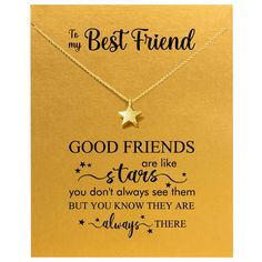 PRICES MAY VARY. 【Necklace Meaning】To my Best Friend — Good friends are like stars, you don't always see them, but you know they are always there. 【Material&Size】14K gold plated necklace, shining color and nickle free. 16.5+2’’, adjustable length make sure most people suitable. 【Package】a gold star necklace, an inspirational sister gifts card, a heart brown envelope. 【For Best Friend】Christmas, Birthday, Graduation Gifts Choices for your best friend. 【Service】Full refund for dissatisfaction and Personalized Gold Necklace For Christmas, Gold Necklace For Christmas Personalized Gift, Personalized Inspirational Charm Necklace For Best Friend, Personalized Christmas Necklace For Her, Inspirational Personalized Charm Necklace For Best Friend, Women Friendship, Good Friends Are Like Stars, Star Necklace Gold, Sister Necklace