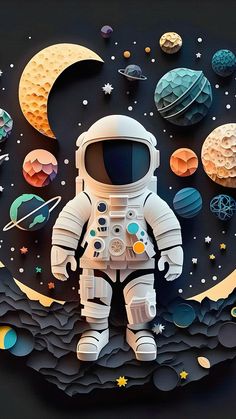 an astronaut is standing on the moon surrounded by other planets and stars, with text that reads dreamland paper studio