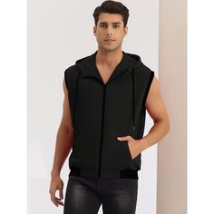 Sleeveless sweatshirt vest features pockets for you to keep your small items. A hoodie vest can be worn alone or paired with other garments like t-shirts or long-sleeved shirts for a daily look. Pair a hoodie vest with shorts, jeans, and casual trousers to create a different look. Hoodie vest is suitable for sports, camping, travel and daily wear. Vest With Shorts, Sleeveless Sweatshirt, Hoodie Vest, Hooded Vest, Shorts Jeans, Casual Trousers, Daily Look, Black Media, Small Items