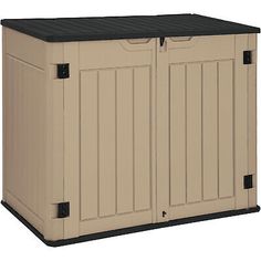 an outdoor storage shed with the door open and two doors closed, on a white background