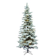 a white christmas tree with snow on the top and lights in the bottom branches, against a white background